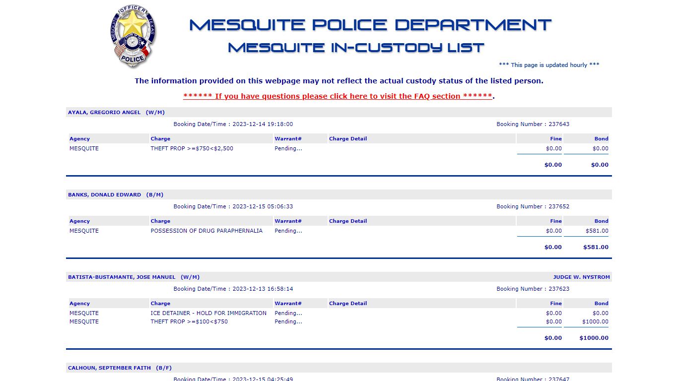 Jail List - Mesquite Police Department